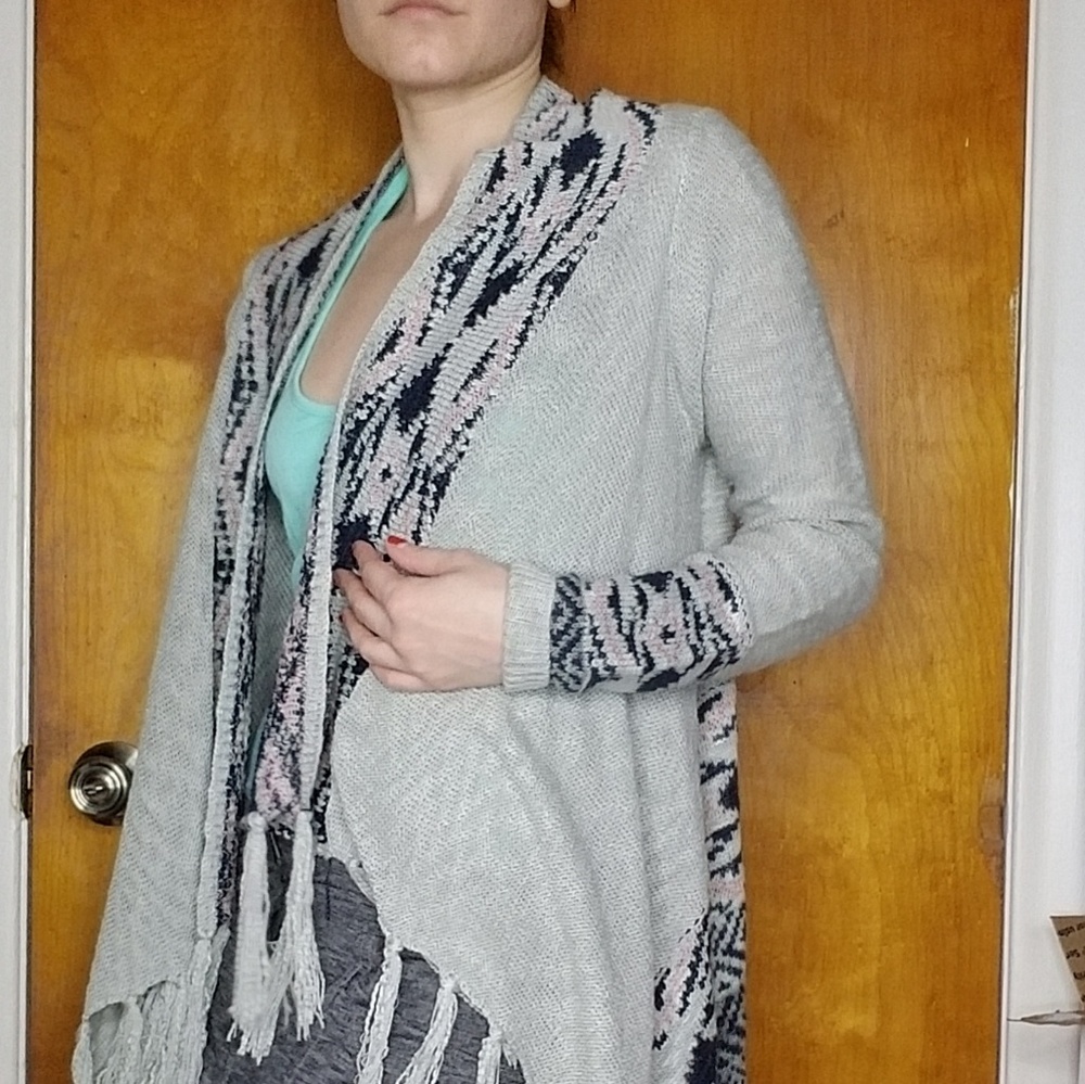 Knit tassle Aztec pink black gray cardigan sweater